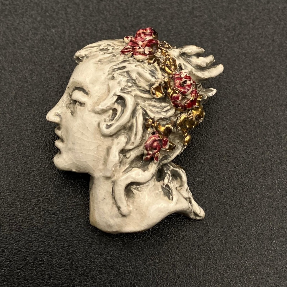 Vintage Artisan Maiden Nymph Brooch Pin Signed Deur Art Nouveau Ceramic
